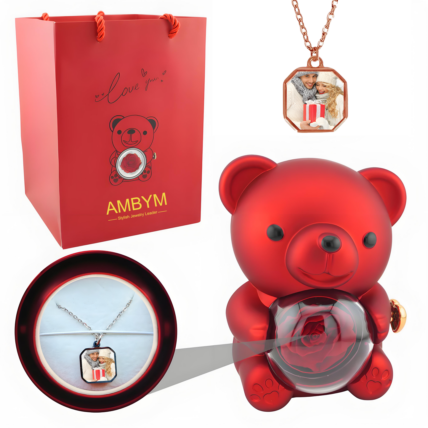 AMBYM Personalized Heat-Activated Magic Necklace & Forever Rose Bear